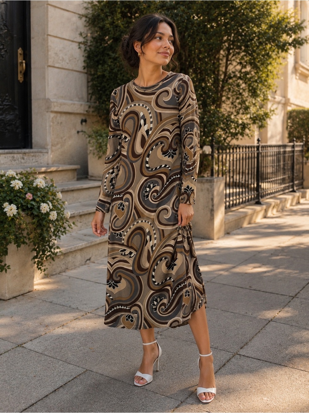 Zara Long Sleeve Midi Dress in Brown Swirl Print